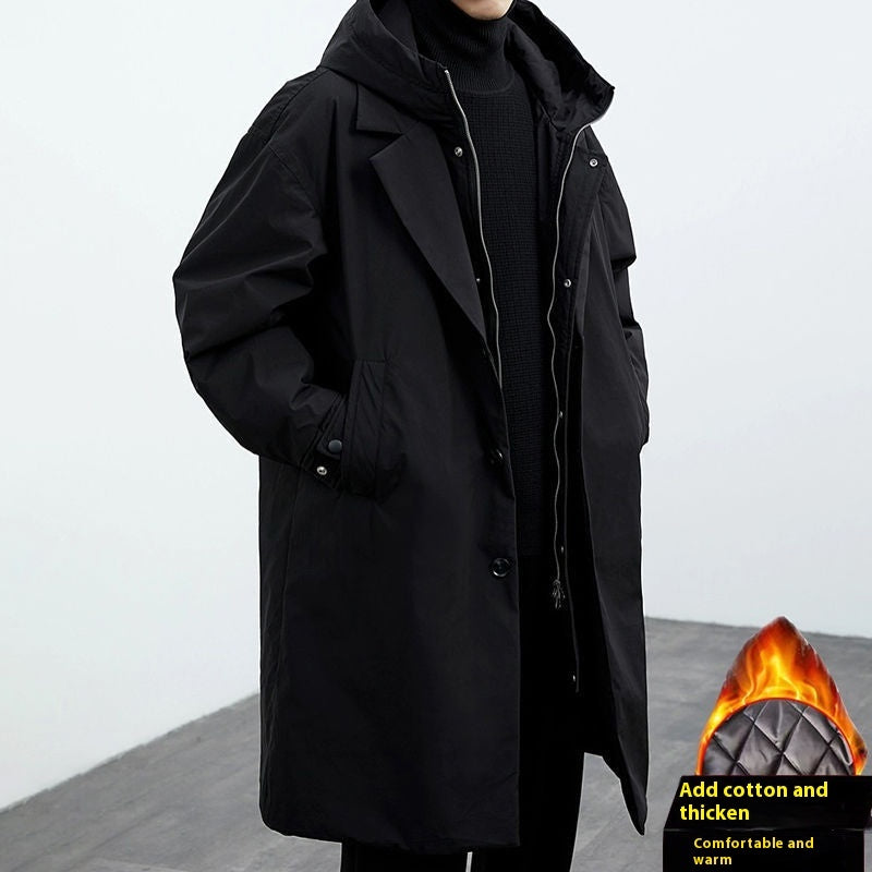Men's False Two Pieces Hooded Mid-length Trench Coat