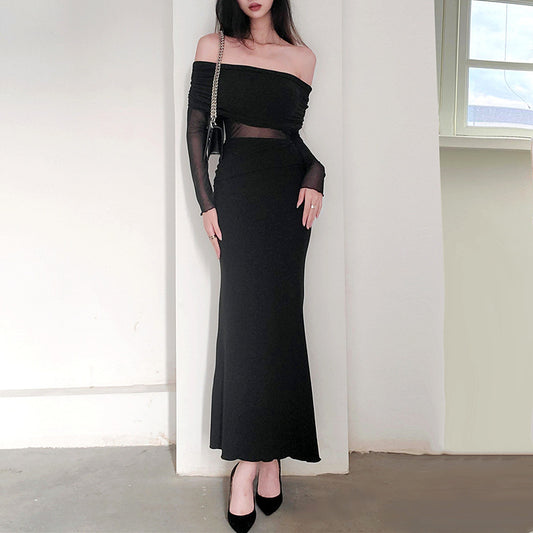 Off-the-shoulder Pleated Long Sleeve Polyester Dress