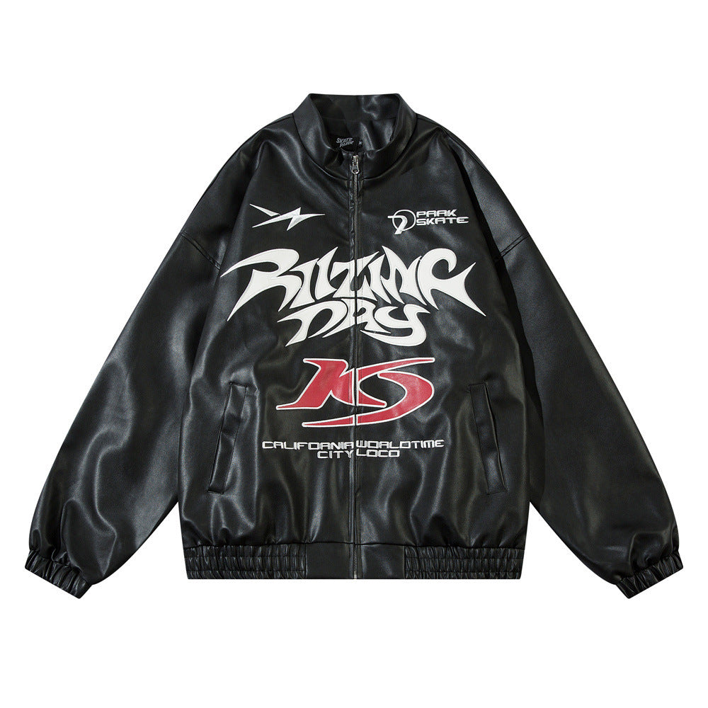Men's Gothic Letter Affixed Embroidered Leather Jacket