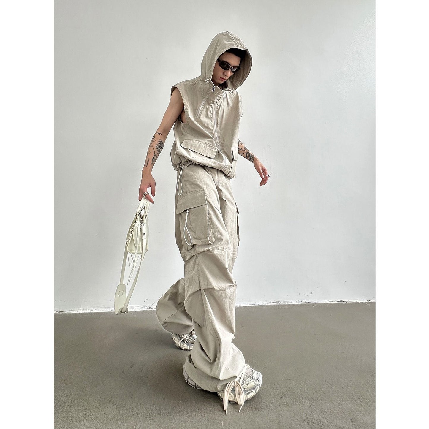 Men's Hooded Sleeveless Vest / Wide Leg Trousers Overall Suit