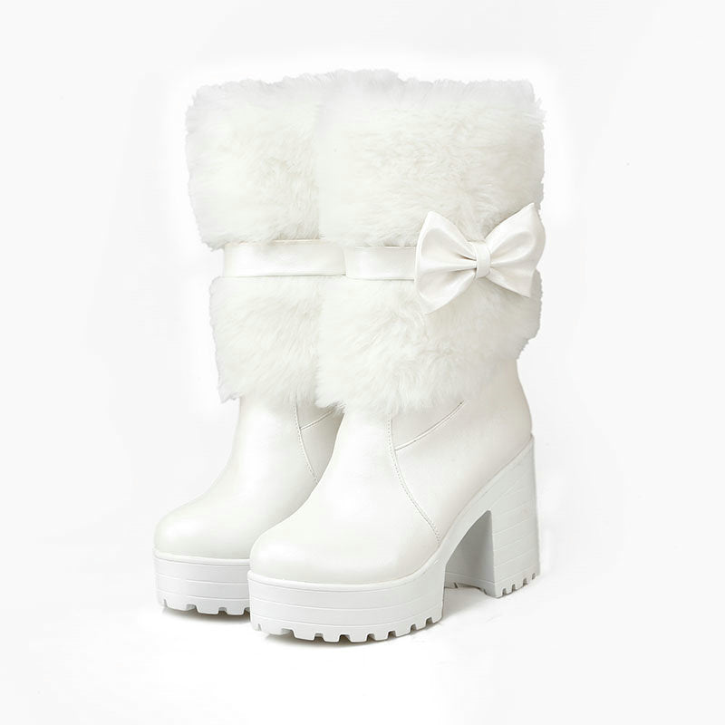 Women's Thick Heel Snow Bow Boots