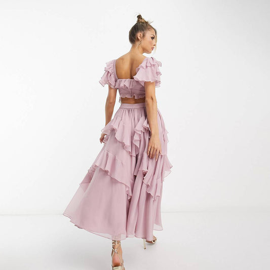 Arine Ruffled Short-sleeved Backless Square Neck Long Dress