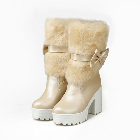 Women's Thick Heel Snow Bow Boots