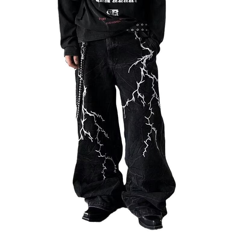 Men's Retro Lightning Embroidered Jeans