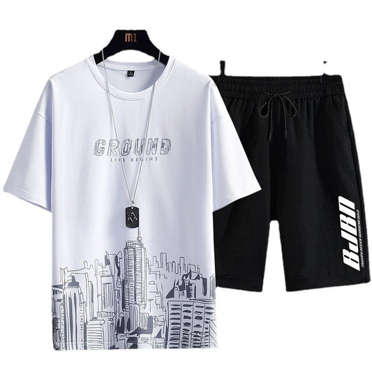 Men's Fashion Printed Short-sleeved T-shirt and Shorts Sports Two-piece Set