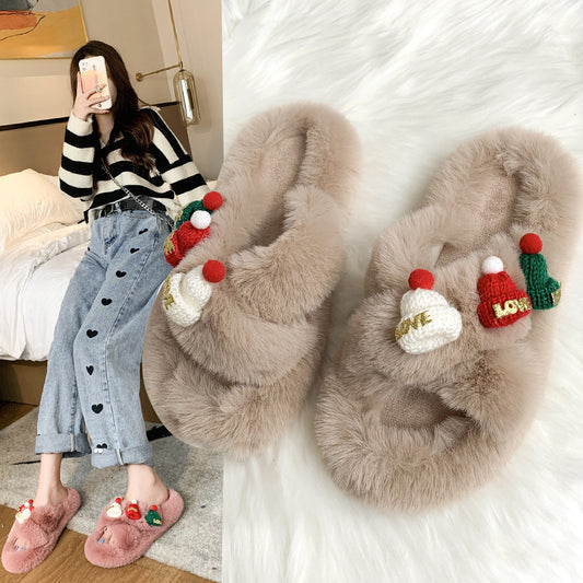 Women's Christmas Fluffy Warm Toe Covering Cotton Slippers