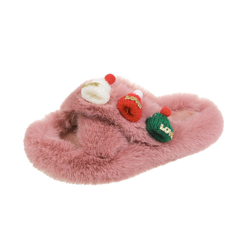 Women's Christmas Fluffy Warm Toe Covering Cotton Slippers