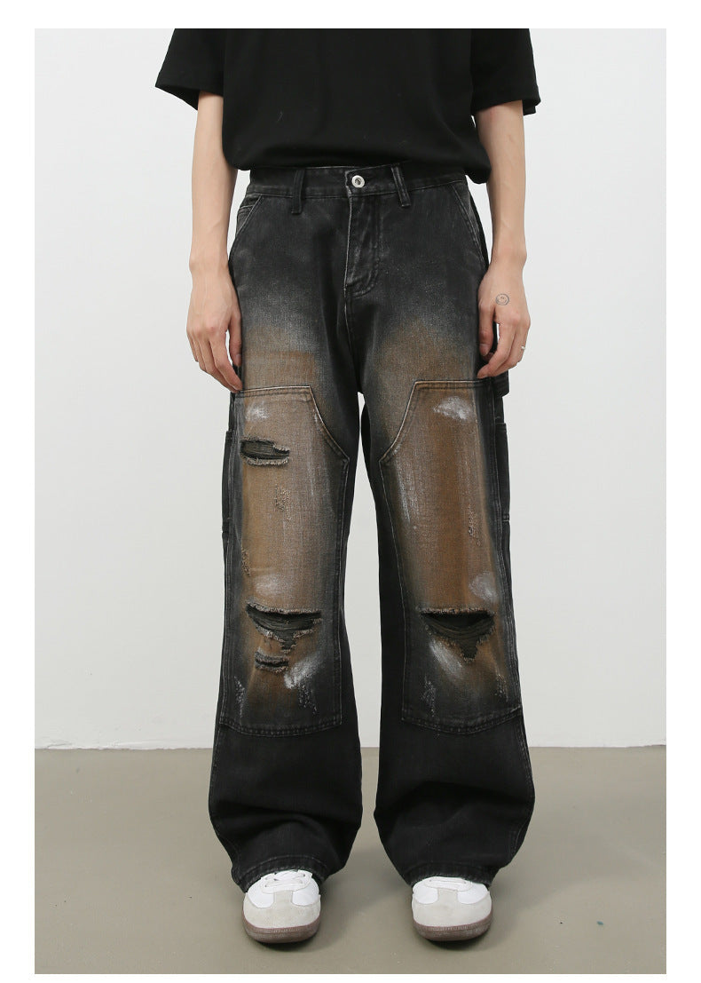 Retro Loose Hole Straight-leg Jeans Trousers