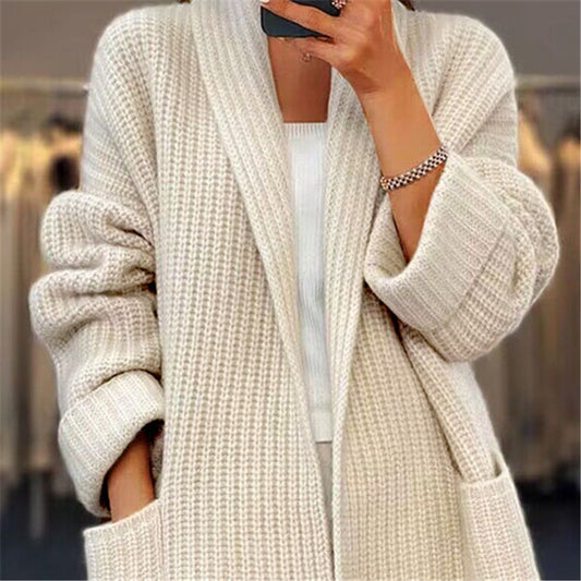 Women's Lapel Knitted Cardigan With Pockets Loose Sweater Jacket, Fall Spring