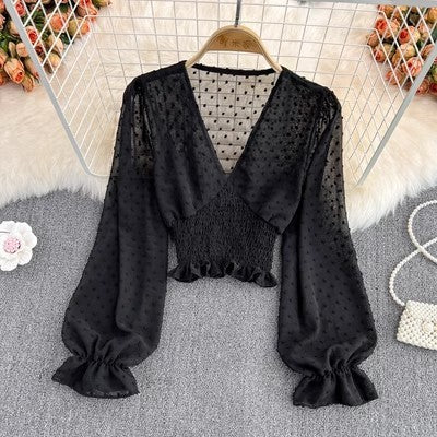 V-neck Cross Slim Fit Polka Dot Chiffon Shirt Western Style Waist-slimming Short