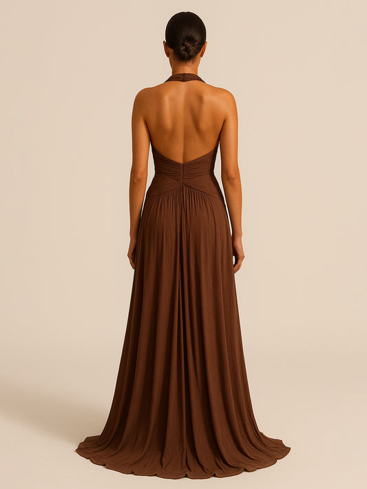 Brown Halter Back Maxi Dress