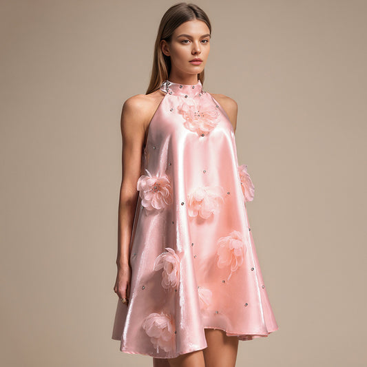 Women's Rhinestone Design Flower Stitching Mini Dress