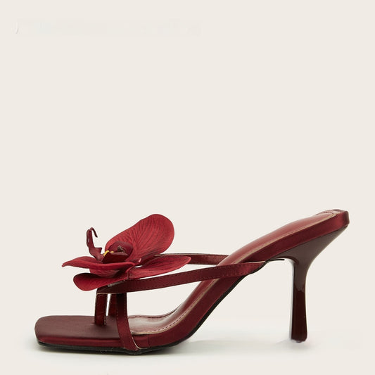 Wine Red Meiko Flower Decorative Flip-toe Square Toe High Heel Sandals