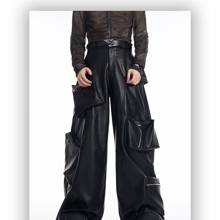 Multi-pocket Heavy Black Leather Pants