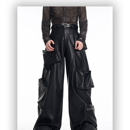 Multi-pocket Heavy Black Leather Pants