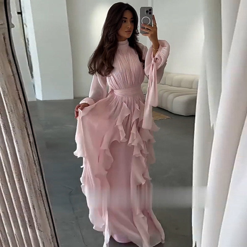 Elegant Pleated Ruffled Slim Fit Dress