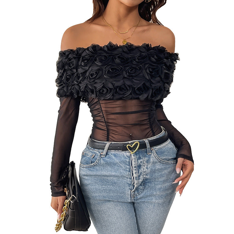 Off-the-shoulder Three-dimensional Flower Jumpsuit