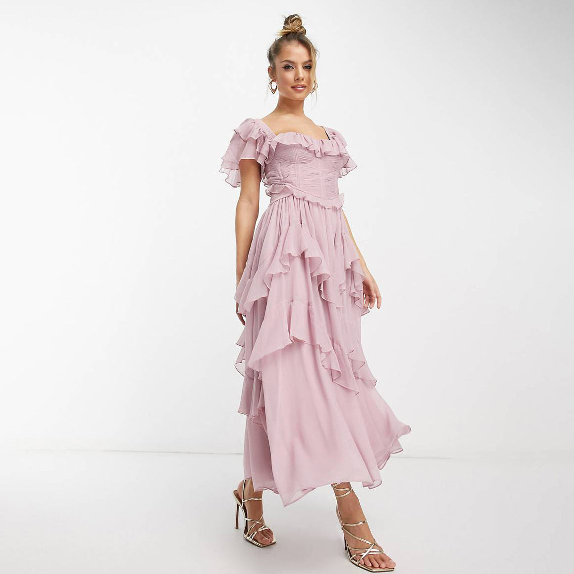 Arine Ruffled Short-sleeved Backless Square Neck Long Dress