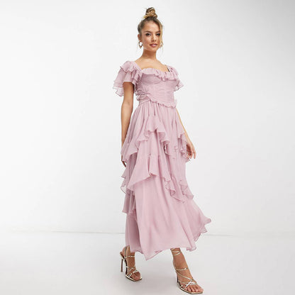 Arine Ruffled Short-sleeved Backless Square Neck Long Dress