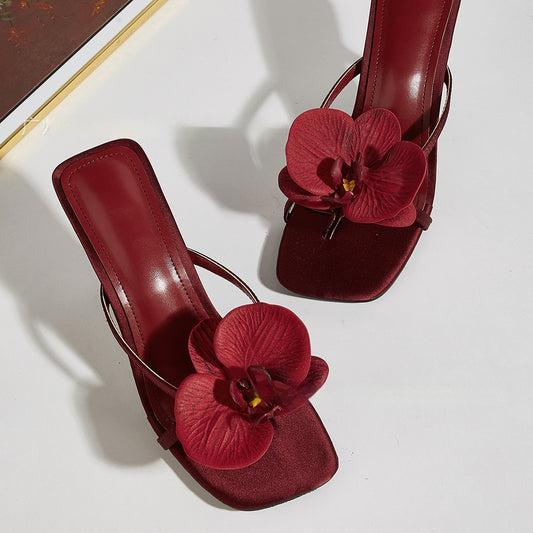 Wine Red Meiko Flower Decorative Flip-toe Square Toe High Heel Sandals