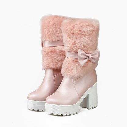 Women's Thick Heel Snow Bow Boots