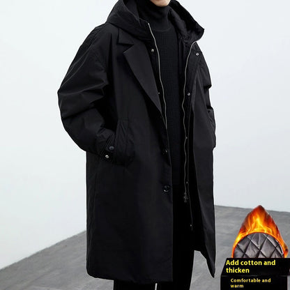 Men's False Two Pieces Hooded Mid-length Trench Coat