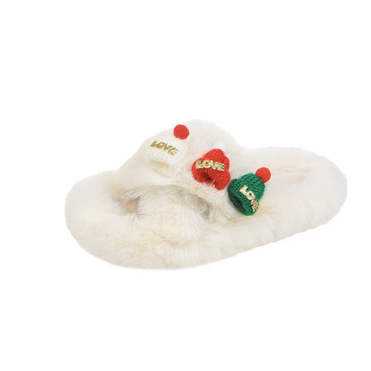 Women's Christmas Fluffy Warm Toe Covering Cotton Slippers