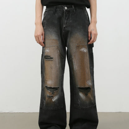 Retro Loose Hole Straight-leg Jeans Trousers