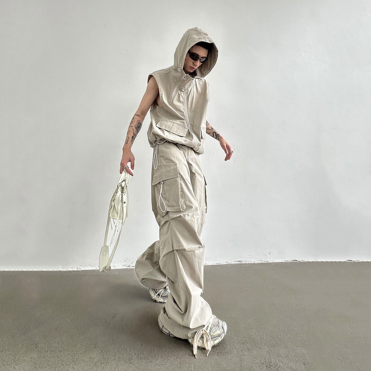 Men's Hooded Sleeveless Vest / Wide Leg Trousers Overall Suit