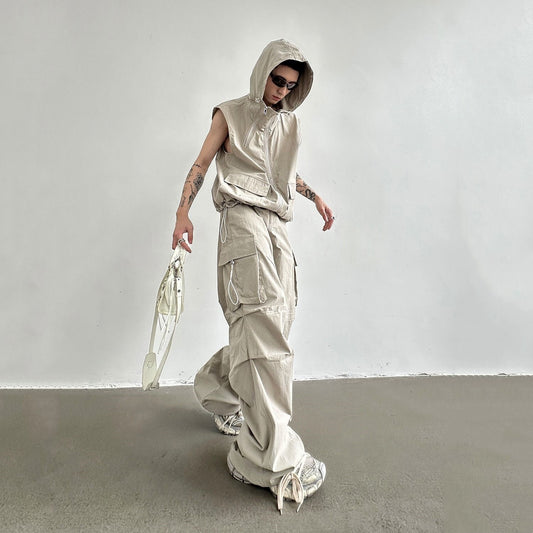Men's Hooded Sleeveless Vest / Wide Leg Trousers Overall Suit