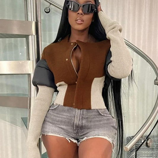 Contrast Color Stand-up Collar  Cardigan