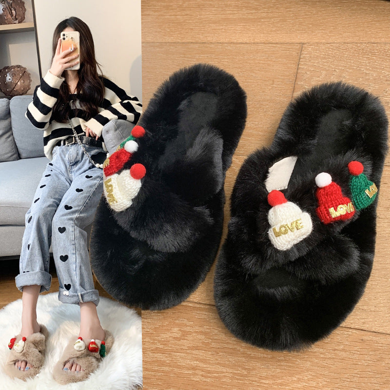 Women's Christmas Fluffy Warm Toe Covering Cotton Slippers