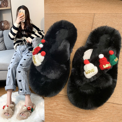 Women's Christmas Fluffy Warm Toe Covering Cotton Slippers