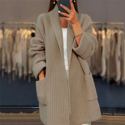 Women's Lapel Knitted Cardigan With Pockets Loose Sweater Jacket, Fall Spring