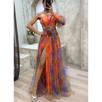 Women's Mesh Tie-dye Printed Off-shoulder Slit Cloth