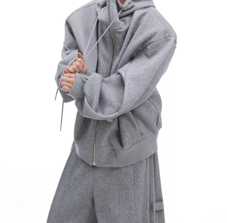Deconstruction Drawstring Loose Hooded Sweater and High-grade Pant Suit