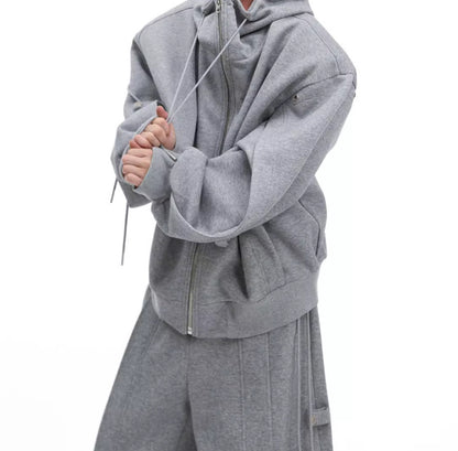 Deconstruction Drawstring Loose Hooded Sweater and High-grade Pant Suit