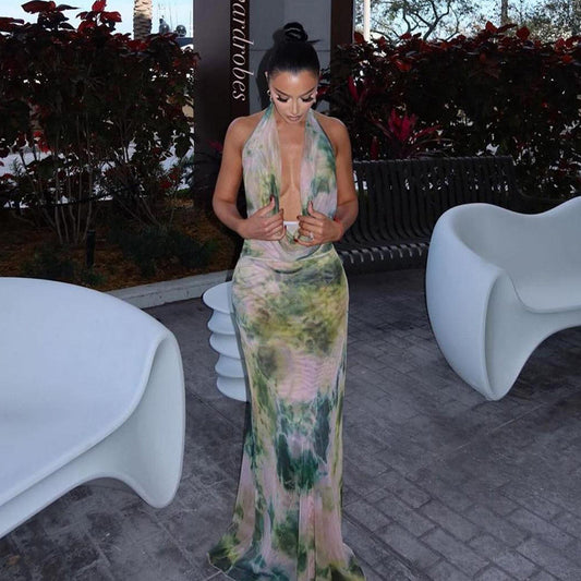 2pcs Tie Dye Printing Deep V-neck Suits Fashion