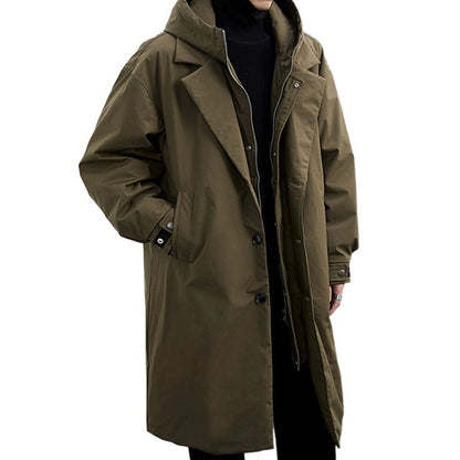 Men's False Two Pieces Hooded Mid-length Trench Coat