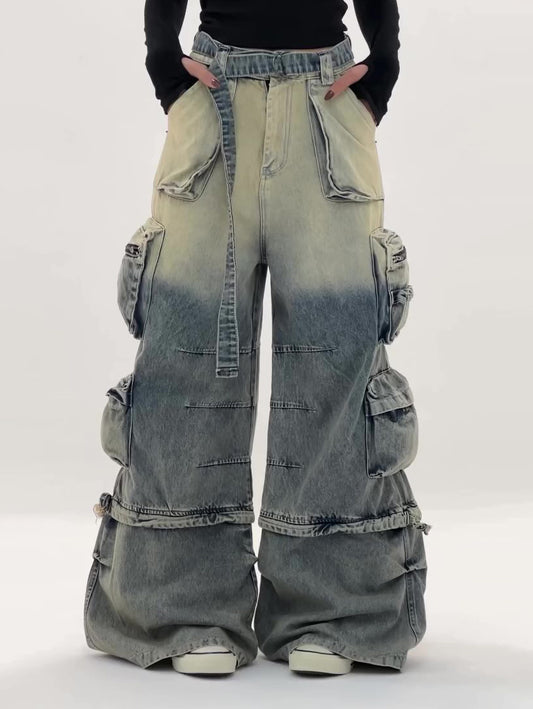 Women's High-Waisted Ombre Cargo Jeans With Multiple Pockets