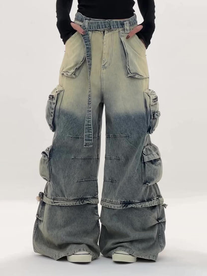 Women's High-Waisted Ombre Cargo Jeans With Multiple Pockets