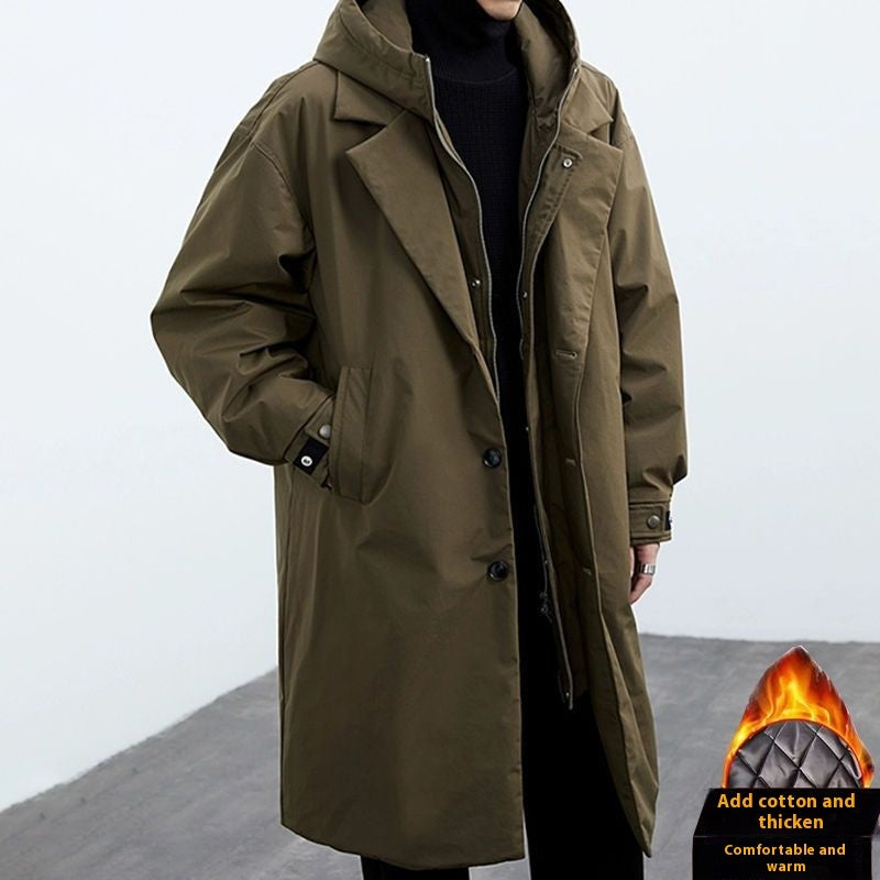Men's False Two Pieces Hooded Mid-length Trench Coat