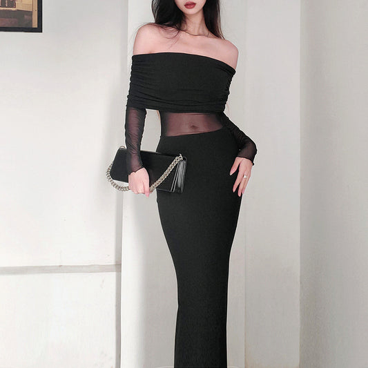 Off-the-shoulder Pleated Long Sleeve Polyester Dress