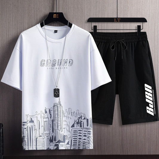 Men's Fashion Printed Short-sleeved T-shirt and Shorts Sports Two-piece Set