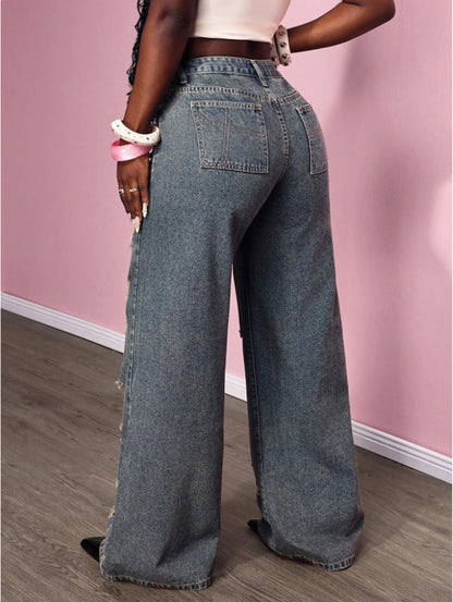 Women's Retro Distressed Wide-leg Jeans