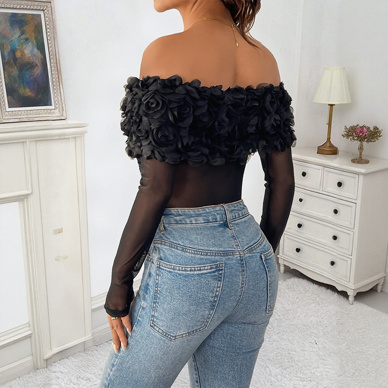 Off-the-shoulder Three-dimensional Flower Jumpsuit