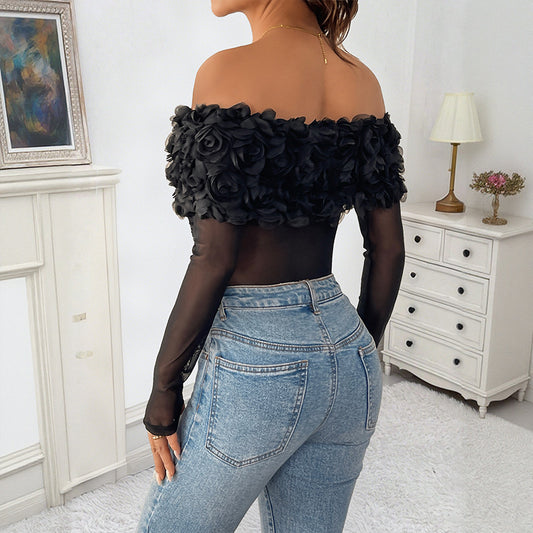Off-the-shoulder Three-dimensional Flower Jumpsuit