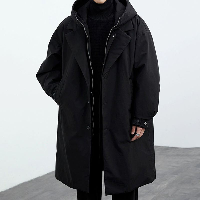 Men's False Two Pieces Hooded Mid-length Trench Coat