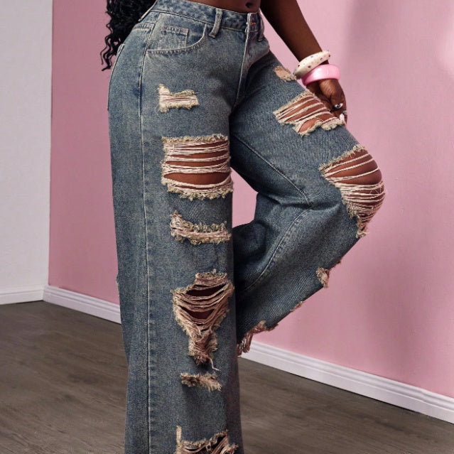 Women's Retro Distressed Wide-leg Jeans