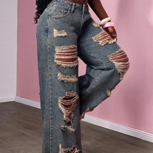Women's Retro Distressed Wide-leg Jeans